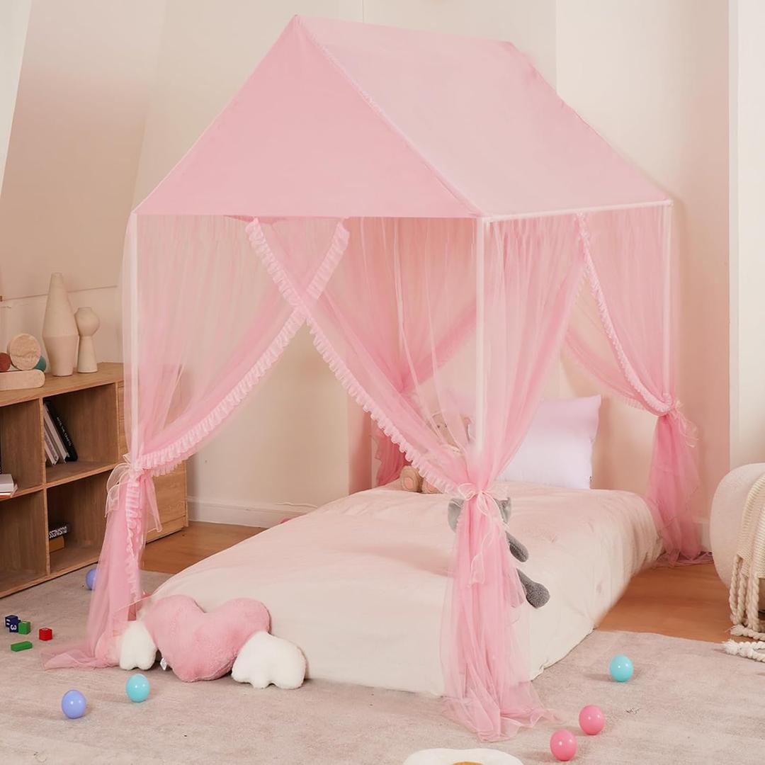 Princess Bed Canopy for Girls - Pink Canopy Princess Castle Dreamy Playhouse Mosquito Net Reading Nook Canopies Play Tent Canopy Bed Curtains for Kids(Twin, Pink), Frame Not Included