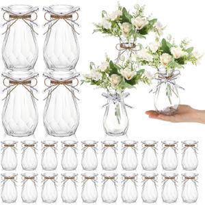 Bokon 24 Packs Small Plastic Bud Vases in Bulk with Gift Wrapping Ribbon, Vases for Flower, Wedding Centerpieces for Home Decor, Living Room, Office Decoration, Housewarming Party Gift (Clear)