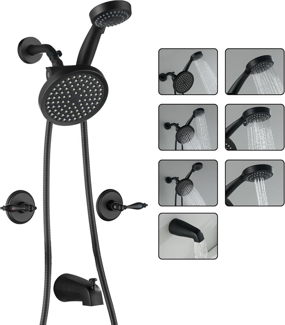 LIWEIKE Matte Black 2 Handle Shower Faucet Set, Wall Mount Two Handle Shower Faucet with Tub Spout Rough-in Brass Valve Shower Faucet Set 2 Knobs