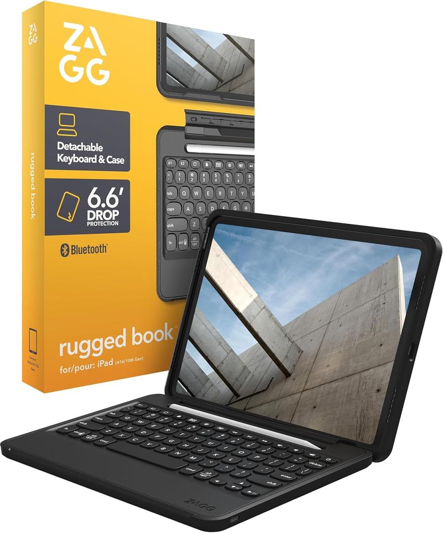 ZAGG Rugged Book iPad 11" (A16)/ 10.9" (Gen 10) Case - Durable Wireless Keyboard Case, Military-Grade Drop Protection, Multi-Device Pairing, Detachable Backlit Keyboard, Black
