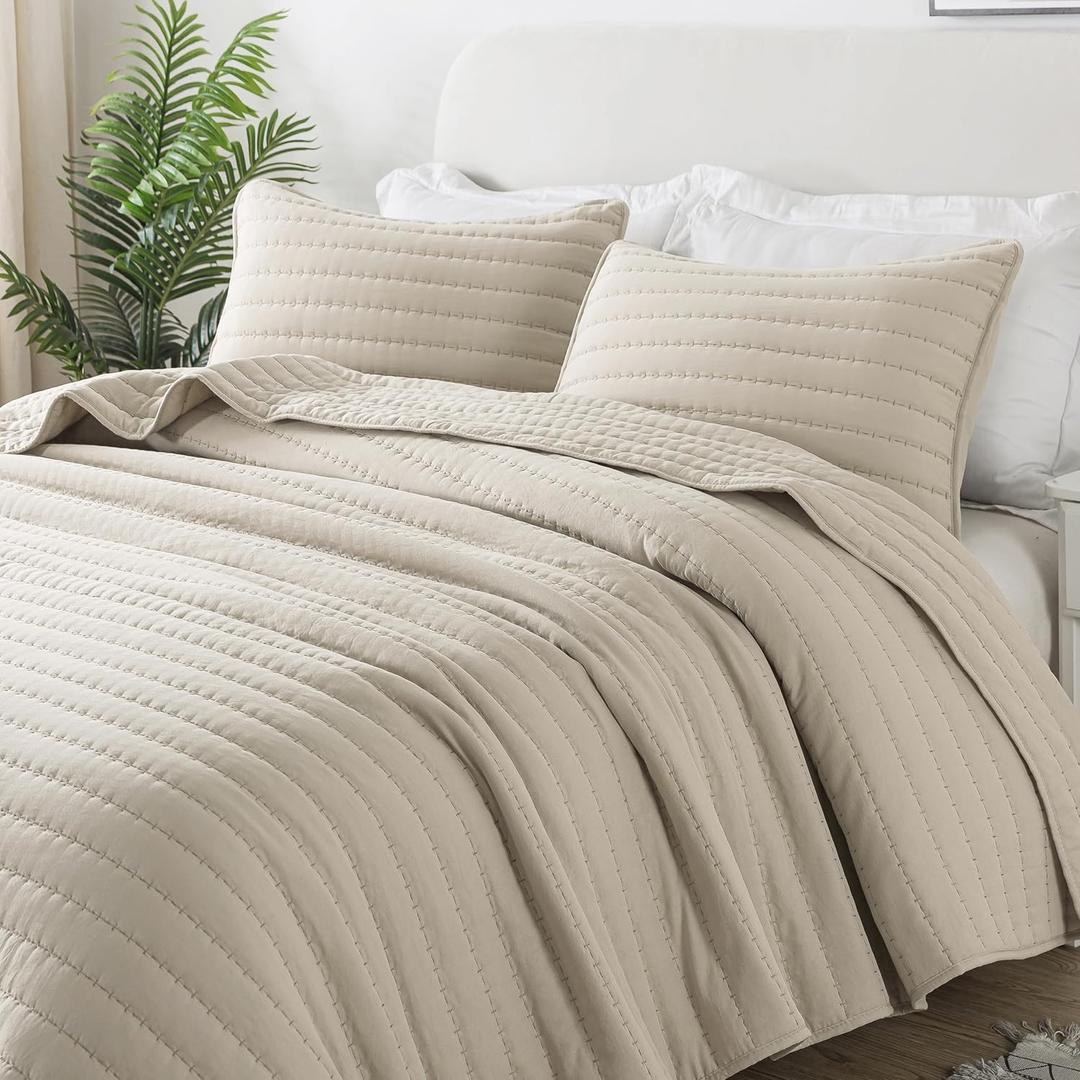 ROARINGWILD Neutral Beige Queen Size Quilt Bedding Sets with 2 Pillow Shams, Full Lightweight Soft Bedspread Coverlet, Quilted Blanket Thin Comforter Bed Cover for All Season, 3 Pieces, 90x90 inches (Wheat)