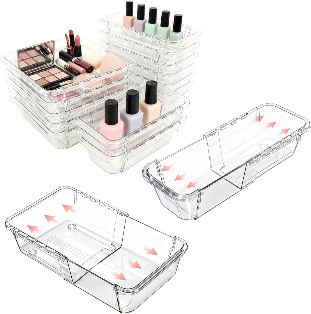 15 Pcs Extendable Drawer Organizer, 2 Sizes Adjustable Makeup Organizer For Drawer, Bathroom Drawer Organizer Tray, Clear Acrylic Vanity Storage Bin for Makeup, Cosmetic, Desk Drawer Organizer
