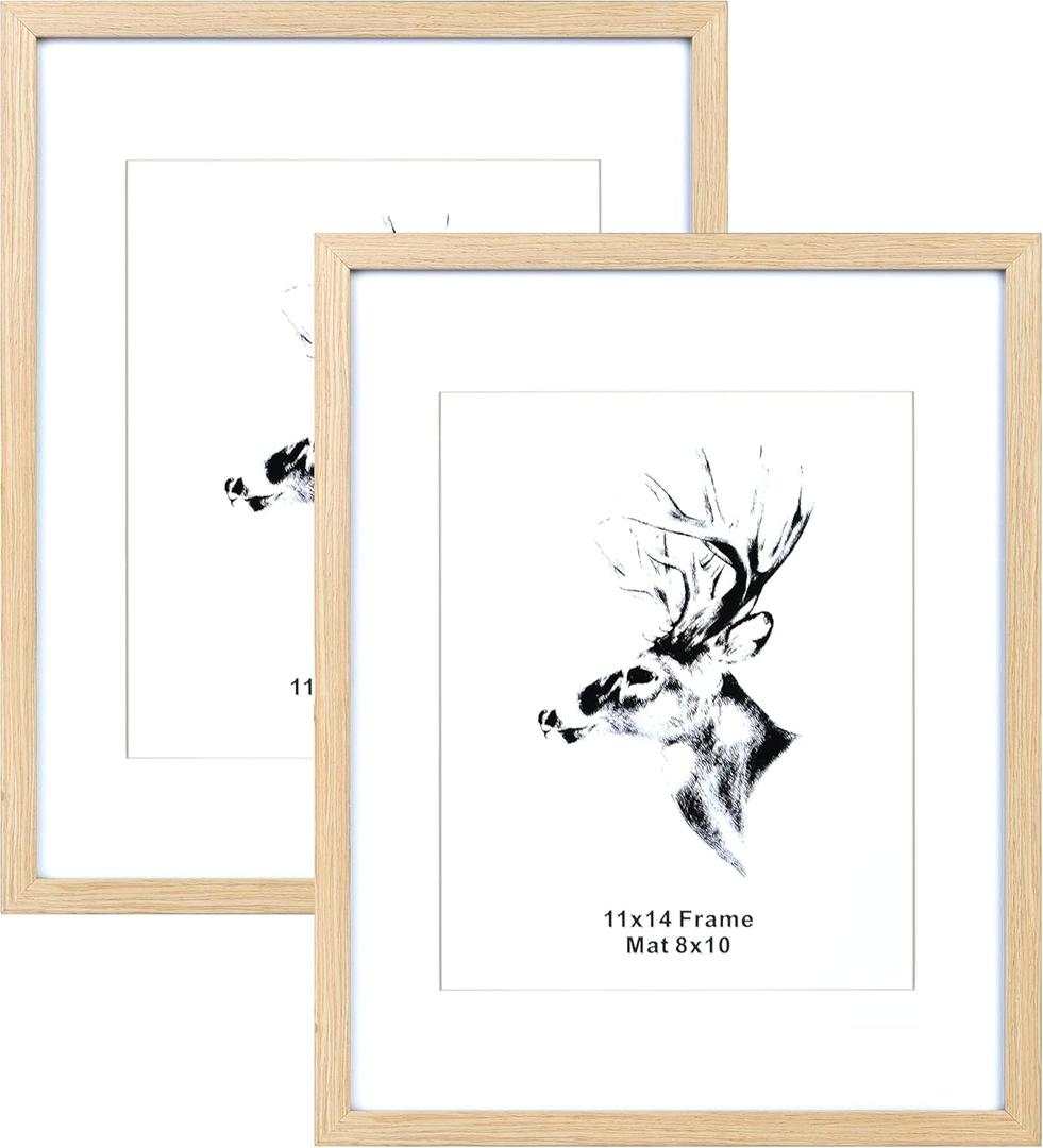 Yaetm 11x14 Picture Frame with Mat for 8x10 Set of 2, Natural Solid Oak Wood Photo Frames 11x14 with Tempered Glass, Display Horizontal and Vertical for Wall Mounting