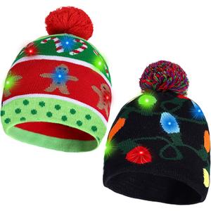 2 Pack Christmas LED Light-up Knitted Beanie Hat Colorful Flashing Holiday Xmas Christmas Party Supplies(One Size Fits More) (Green)