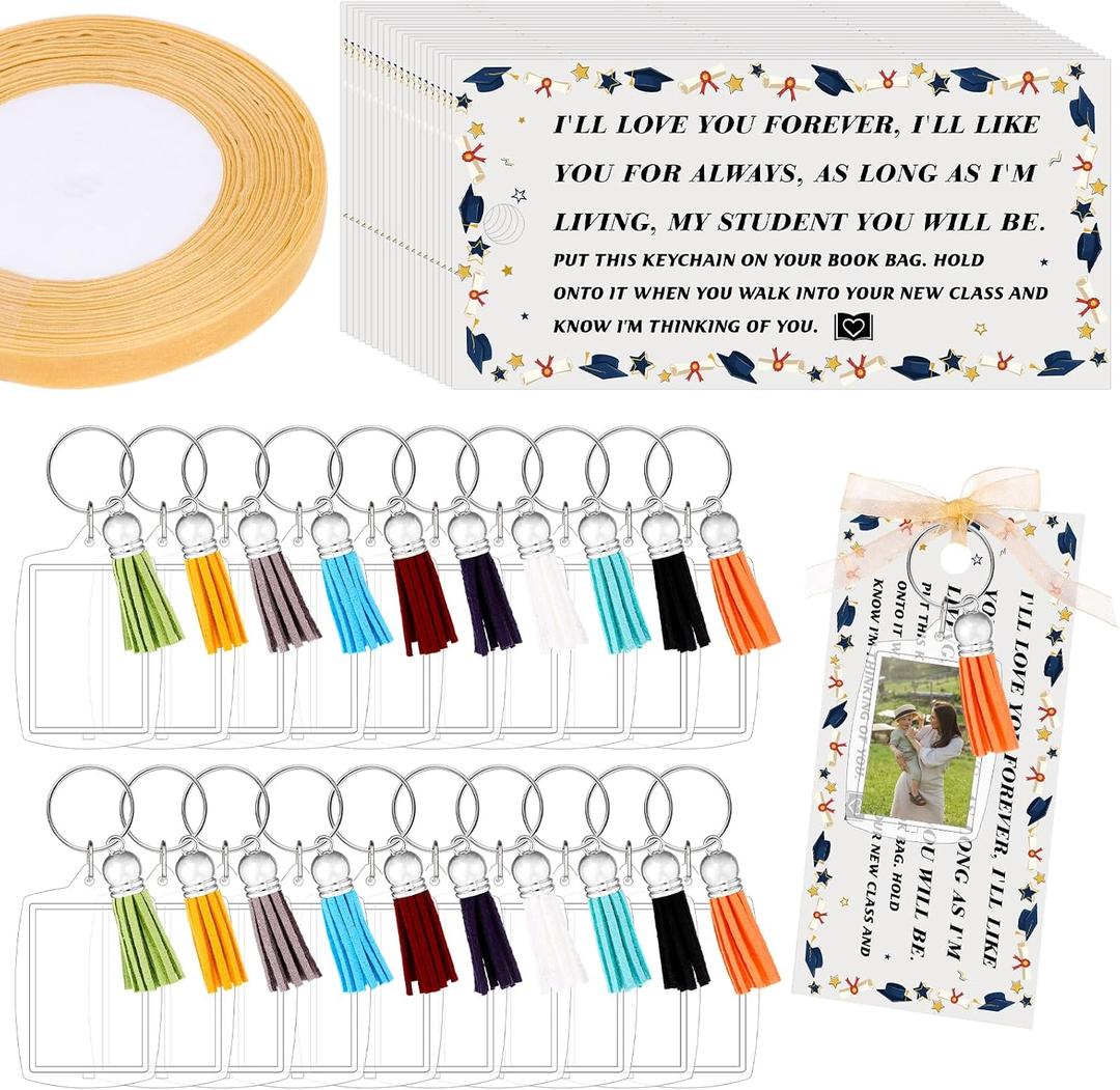 Uoeo 40 Sets End of The Year Gifts DIY Clear Acrylic Photo Frame Keychains | with Greeting Cards Ribbon Tassel Graduation Gift from Teacher for Graduation Class of 2026 Party Favor, 1.3x1.8 Inch