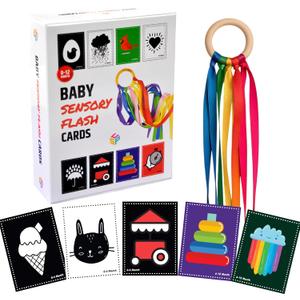 High Contrast Baby Flash Cards, Sensory Visual Stimulation for Newborns 0 12 Months, Black and White to Color, Tummy Time Learning with Bonus Ribbon Toy (30 Large Double Sided, 60 Images)