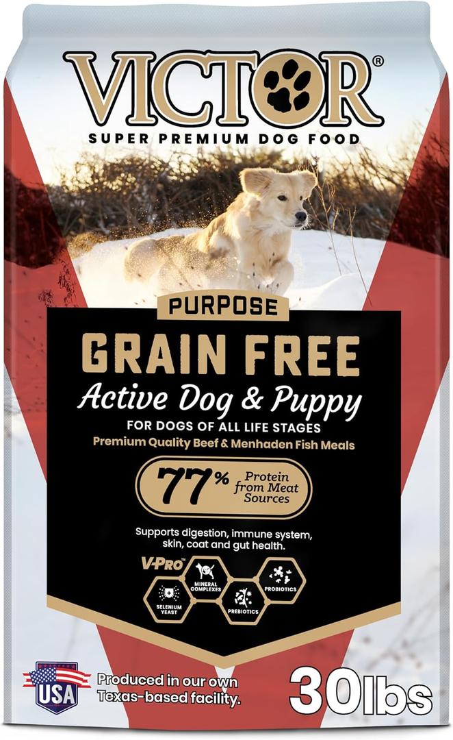 VICTOR Super Premium Dog Food High Protein Grain Free Active Dog & Puppy Kibble Dry Food with 33% Protein, Gluten-Free - Premium Beef, Pork, Fish Meals for High Energy Dogs, 30lbs BBD: 04/07/2027