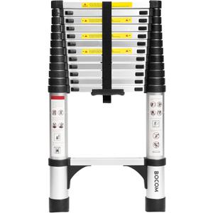 BOCOM 12.5 FT Aluminum Telescoping Ladder, Lightweight Multi-Purpose Collapsible Extension with 2 Triangle Stabilizers, Heavy Duty 330 lbs Max Capacity, Ideal for Home, RV, and Outdoor Work Silver