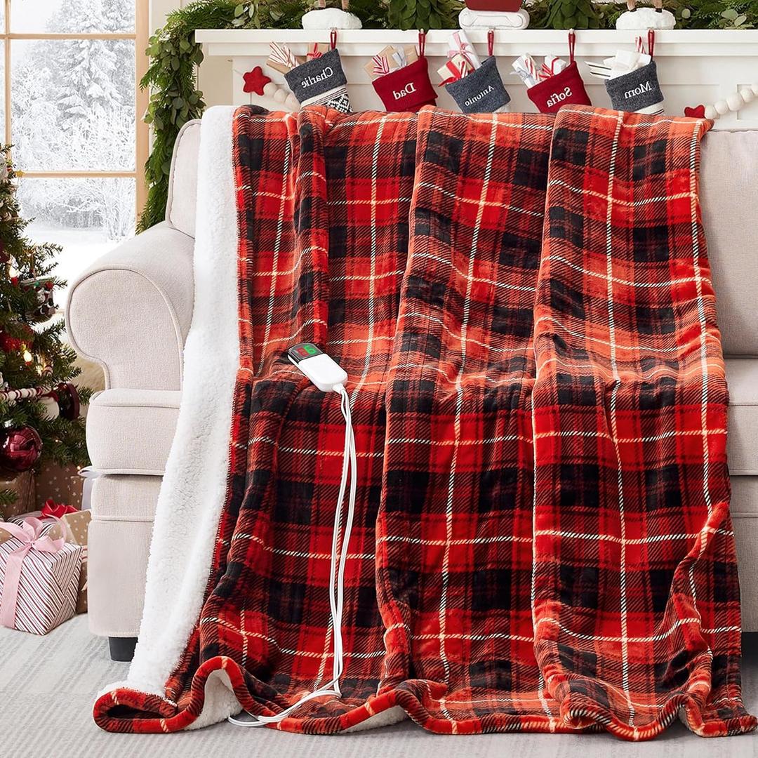 Electric Heated Blanket 50"x60",Fast Heated Throw with 8 Hours Auto Off/8 Heats Levels,Soft Red Plaid Sherpa Electric Blanket with ETL Certification & Over-Heat Protection