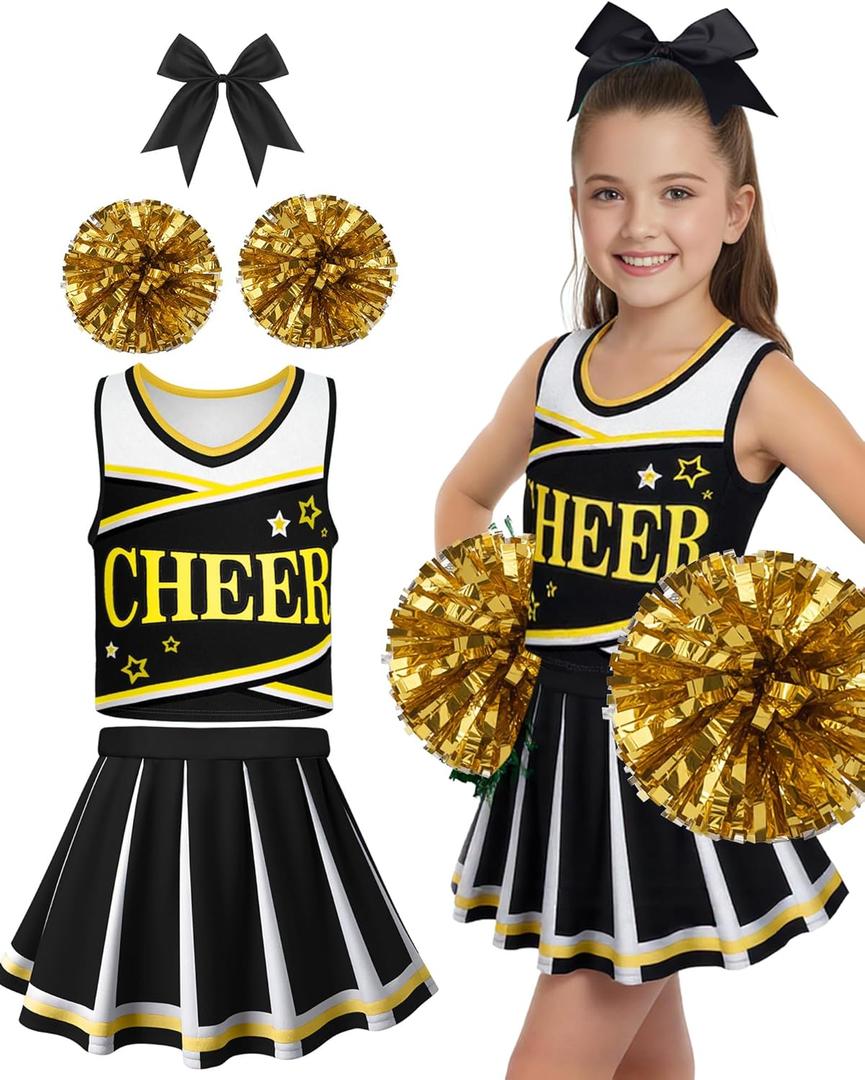 JenPen Cheerleader Costume for Cute Cheerleading Outfit Cheer Uniform for Halloween Dress Up with Accessories (L(7-9year), Black)