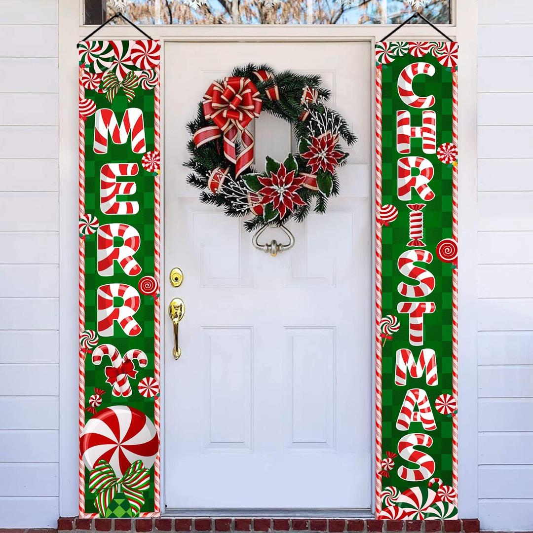 2 x Peppermint Christmas 71" x 12" Merry Christmas Porch Banner, Candy Welcome Sign, Indoor Outdoor Holiday Decorations