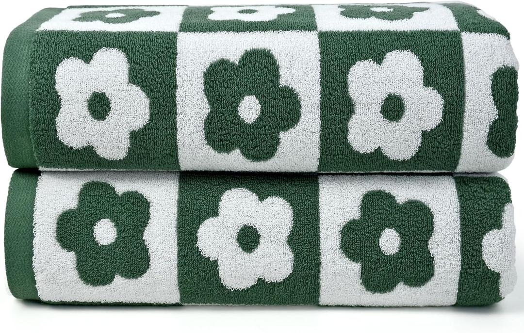 Jacquotha Green Bath Towels Set of 2 Checkered Floral - Quick Dry Cotton Towels Decorative Bathroom Essentials for Women Men Kids Gifts 27.5x55 Inches