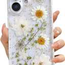 for iPhone 16 Clear Case with Pressed Real Flowers Design,Glitter Cute White Floral Pattern Slim Soft TPU Protective Women Girl's Phone Cover for iPhone 16