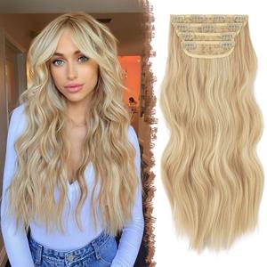 FESHFEN Clip in Hair Extensions - 4 PCS Long Wavy Thick Clip in Hairpieces Full Head Synthetic Hair Extension for Women, Dark Golden Mix Beige Blonde 20 Inch
