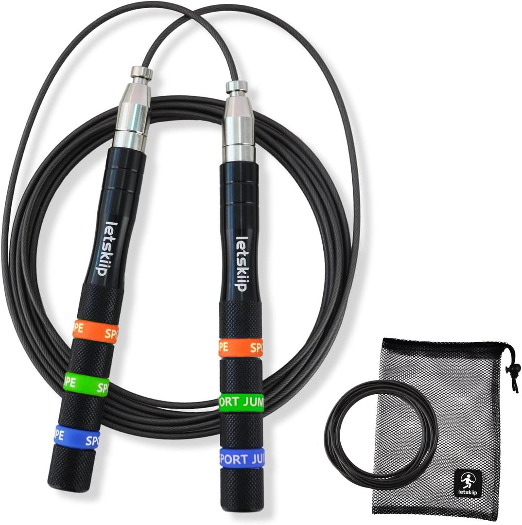 Speed Jump Rope for CrossFit & Boxing - Secure Self-Locking Adjustable Skipping Rope for Men & Women - Anti-Slip Aluminum Handles & Smooth Ball Bearings for Double Unders, HIIT, Home Gym (2 Cables Included)
