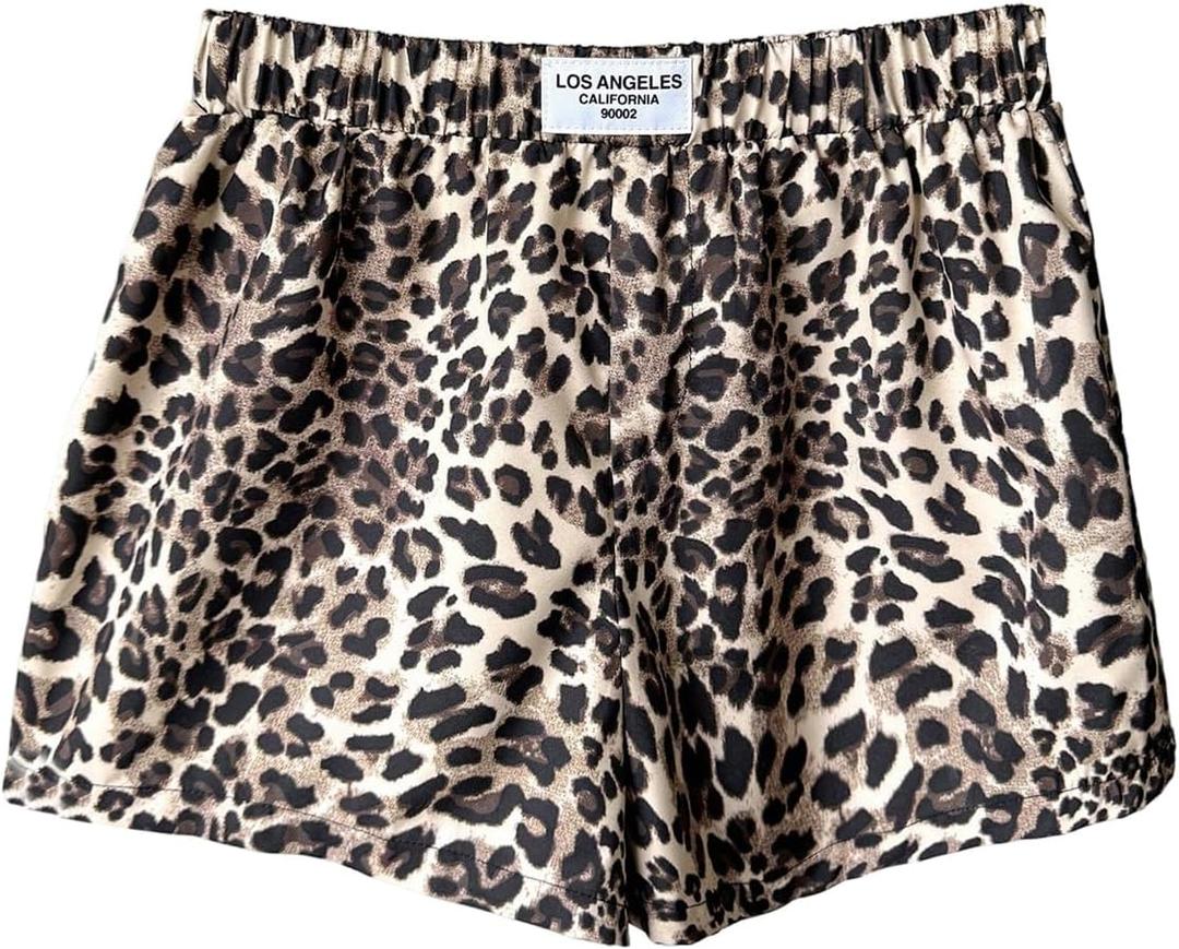 Girl's Leopard Print Casual Shorts Y2K Letter Patched Elastic Waist Summer Mini Shorts (Coffee Brown)