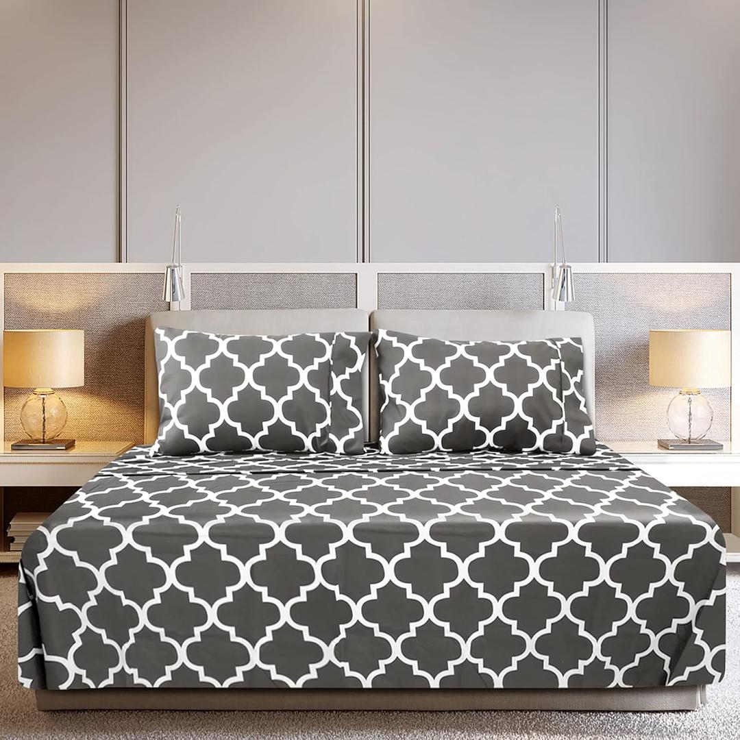 Utopia Bedding Queen Sheet Set, Soft Microfiber 4 Piece Bed Sheets with 15" Deep Pocket - Easy Care Brushed Microfiber (Quatrefoil - Grey)