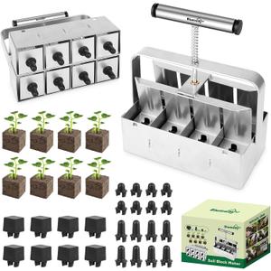 BlumWay Upgraded Soil Blocker, 8 Cell Seed Blocker 2 inch Quad Soil Block Maker Manual with 3 Types of Seed Pins,Hand-held Soil Blocking Tool for Seed Stater Tray Outdoor Plants