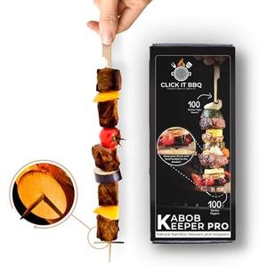 CLICK IT BBQ - Kabob Keeper Pro - Bamboo Skewers - Kebab Skewers with Innovative Stopper Disks to Lock Food in Place - 100 Count