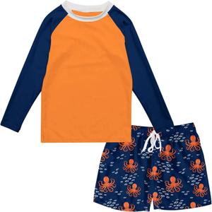 Boys Long Sleeve Rash Guard Swimsuit Kids 2-Pieces Bathing Suits Set (10-12 Years, Orange Blue)