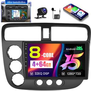 [8-Core 4+64G] for Honda Civic Radio 2001-2005 Android 15 Car Stereo, Hikity 9‘’ Touchscreen Radio DSP 5G WiFi Wireless Carplay Android Auto 1280 * 720P Bluetooth GPS 32EQ/ FM/ RDS SWC Backup Cam