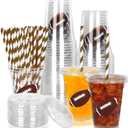 Whaline 50Pcs Football Disposable Plastic Cups with Lids and Straws 12oz Sports Themed Party Cups Cold Beverage Drinking Cups for Sports Team Player Game Day Birthday Party Supplies