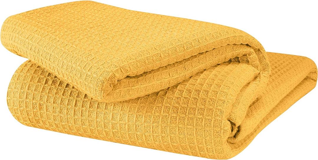 GLAMBURG 100% Cotton Thermal Bed Blanket, Breathable Waffle Blanket, Twin Size, All Season, Mustard Yellow (Twin (60"x90"))