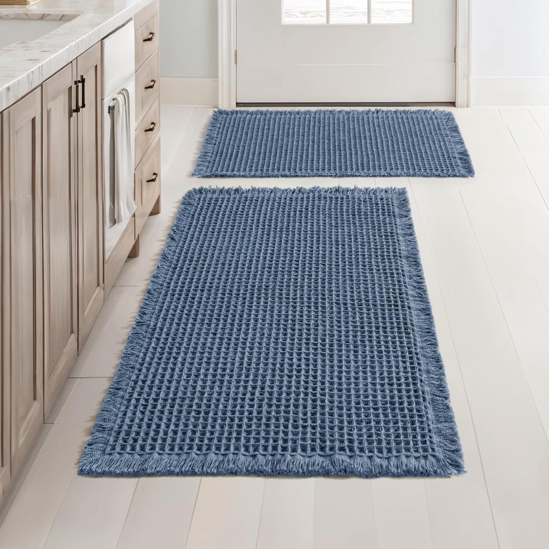 MIULEE Set of 2 Waffle Bathroom Rugs, Boho Bath Rugs Non Slip Washable, Super Absorbent Bath Mats, Ultra Soft Rubber Backed Shower Mats for Bathroom Floor, Tub, Blue, 17"x24"+18"x30"
