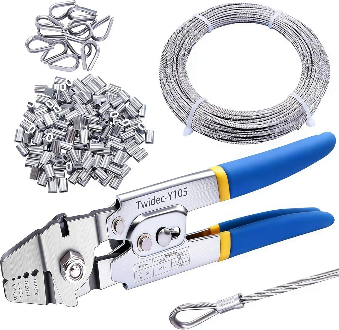 Twidec/Wire Rope Crimping Tool Up To 2.2mm Swaging Tool With 160PCS 1/16''Aluminum Crimping Loop Sleeve And 66FT 1/16'' 304 stainless steel Wire Rope 12PCS Wire Rope Thimbles Kit