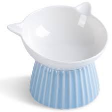 Wellbro Ceramic Raised Cat Bowl，Tilted Raised Bowl Anti Vomit Bowls for Indoor Cats Whisker Friendly Pet Feeder for Cats Puppies, Microwave and Dishwasher Safe,Pink And Light Blue