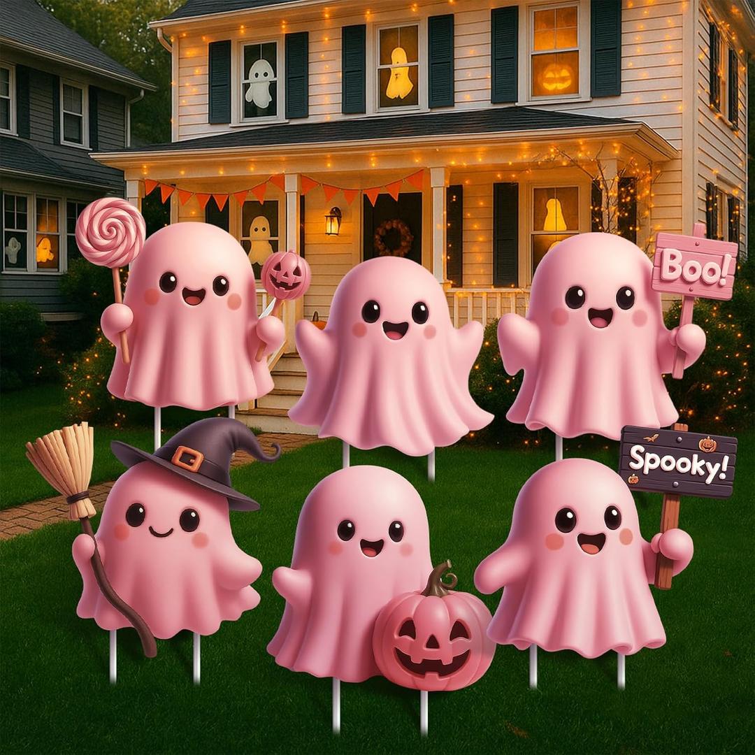 DoubleFill 6 Pcs Halloween Ghost Yard Signs Lawn Outdoor Decorations 3D Ghost Yard Stakes for Halloween Home Front Yard Garden Party Supplies (Pink)
