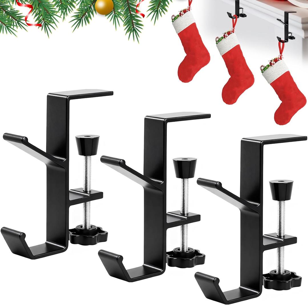 4-Pack Christmas Stocking Hanger for Mantle, Heavy Duty Adjustable Fireplace Garland Hook, No Drill Clamp On Stocking Holder for Stairway, Wall, Door, Xmas Holiday Decoration