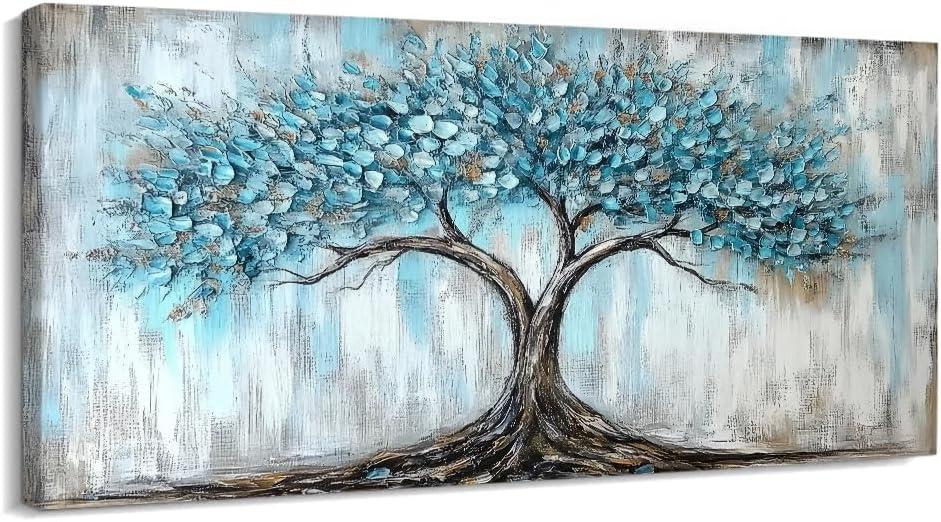 Rahieay Tree Wall Art, Turquoise Nature Tree of Life Abstract Canvas Painting Textured Painting Pictures Large Landscape Artwork for Living Room Bedroom Bathroom Office Home Decor