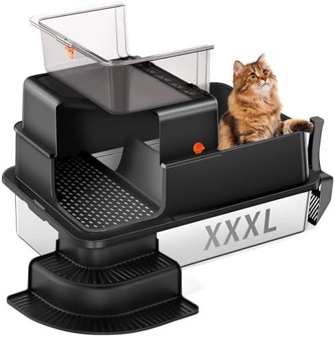 Bartuke XXXL Stainless Steel Litter Box, 28"x20"x18" Extra Large Fully Enclosed High Sided Metal Cat Litter Box with Filtered Grid, Step, Scoop, Non-Sticky, Non-Odor, Easy Cleaning (Black) Corner Dent