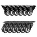 FactorDuty 12 Pack Combo 2 inch Caster Wheels 6 Rigid Non Swivel Fixed Stationery & 6 No Brake Swivel Plate All Black Polyurethane Wheels Non Marking No Noise 150LB Per Wheel