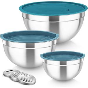 TeamFar Mixing Bowls, Stainless Steel Nesting Salad Bowls with Lids Set of 3 & 3 Grater Attachments, For Mixing/Serving/Storing, Non-toxic & Long-lasting, Size 4.6/3 / 1.5 QT, Navy Blue