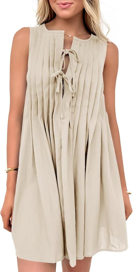 Wenrine Womens Tie Front Mini Dress Casual Bow Sleeveless Pleated Summer Loose Babydoll Dresses (Medium, Beige) Wenrine Womens Tie Front Mini Dress Casual Bow Sleeveless Pleated Summer Loose Babydoll Dresses (Medium, Beige)