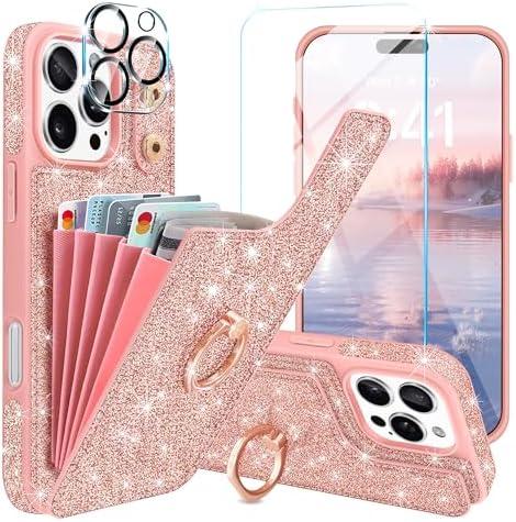 Casewind for iPhone 16 Pro Max Case Wallet,with [Screen Protector+Camera Lens Protector] Glitter Cute 5 Card Holder&360°Rotation Ring Stand Shockproof Cover for iPhone 16 Pro Max,Rose Gold,6.9",2024