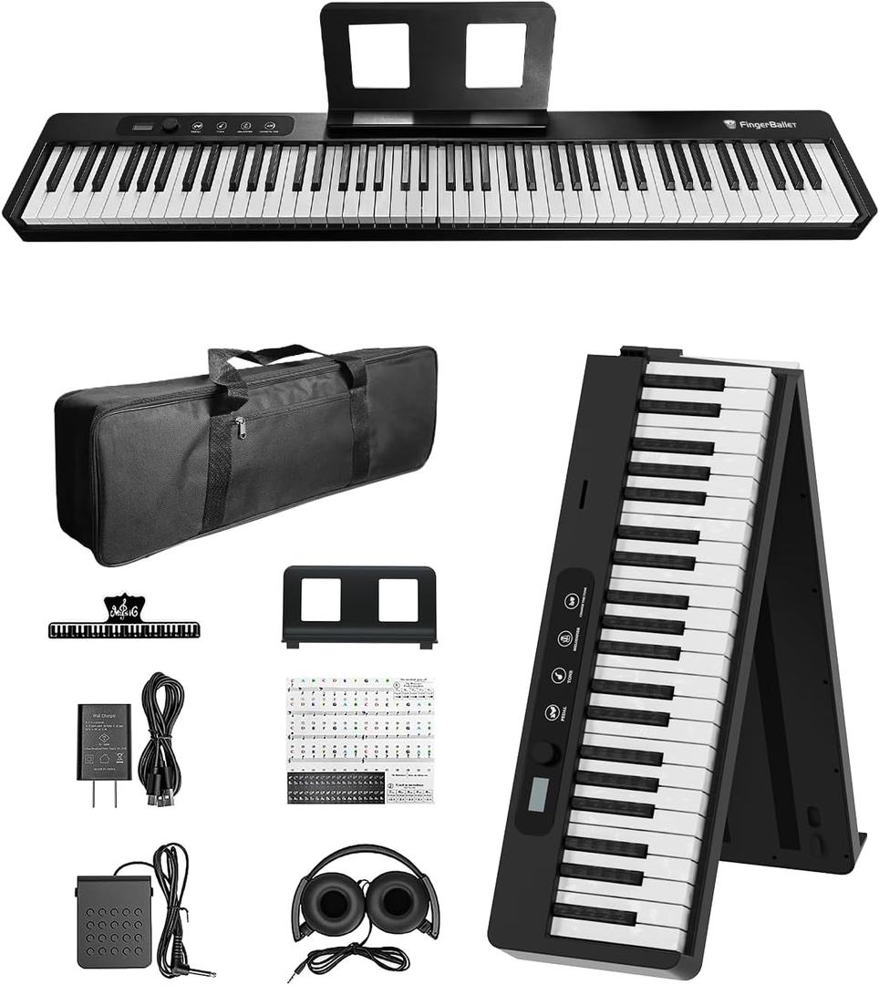 Finger Ballet 88 Key Folding Piano Keyboard, Digital Piano with Bluetooth MIDI, Full Size/Semi-Weighted/Portable, Rechargeable Travel Piano for Beginners, Adults, Students, Home Practice