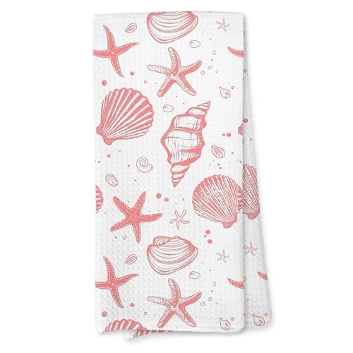 Giosve Pink Beach Kitchen Towels, Coastal Pink Seashell Beachy Hand Towels for Bathroom, Preppy Beach Decor Dish Tea Towels for Kitchen, Coastal Bathroom Decor, 16x24 Inch