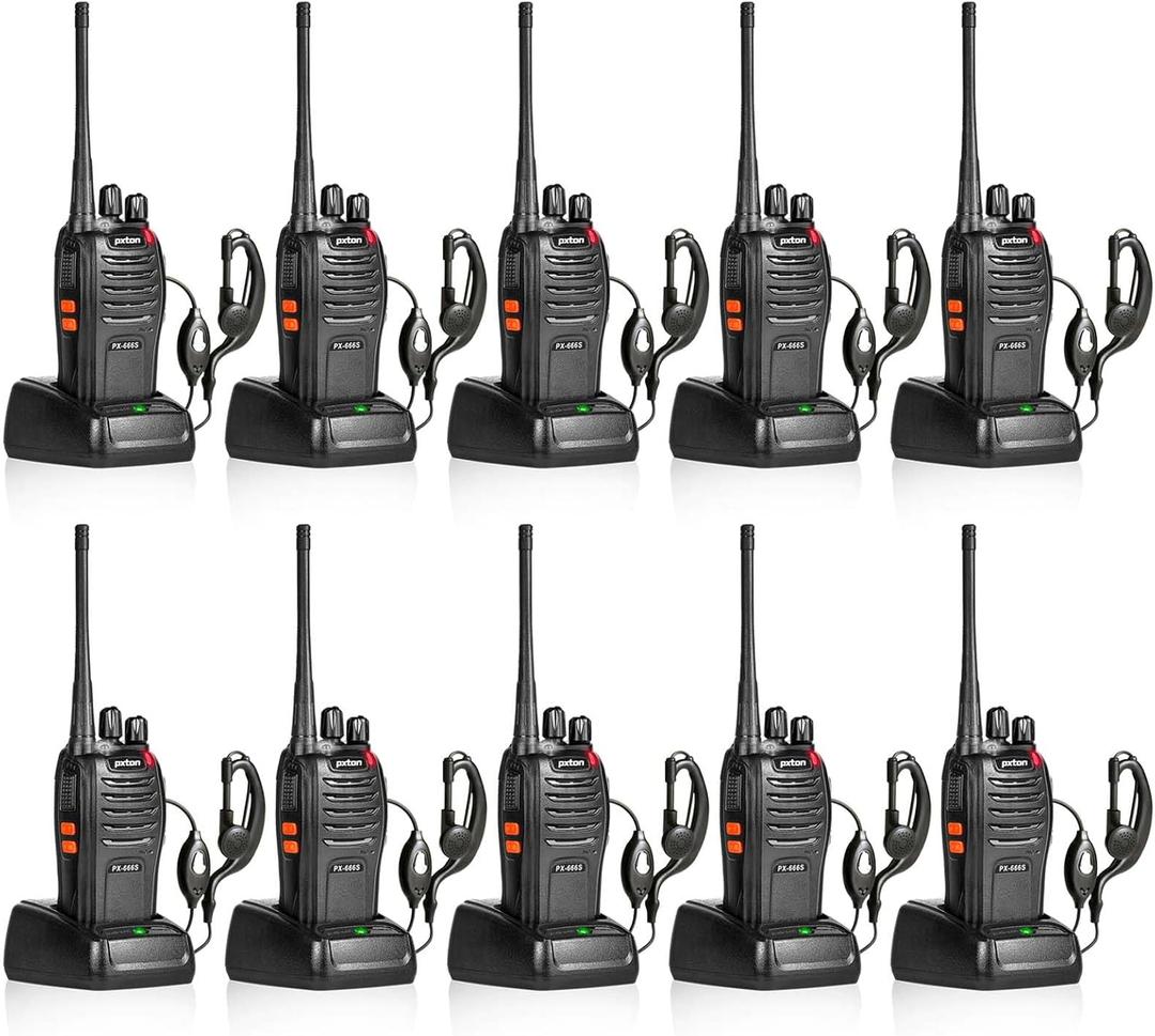 pxton 666S 10 Pack walkie talkies for Adults Long Range Rechargeable with Headphones and Li-ion Battery, Two Way Radio has VOX/ Noise Reduction/ TOT/ Flashlight/ Monitoring/ Scan Function