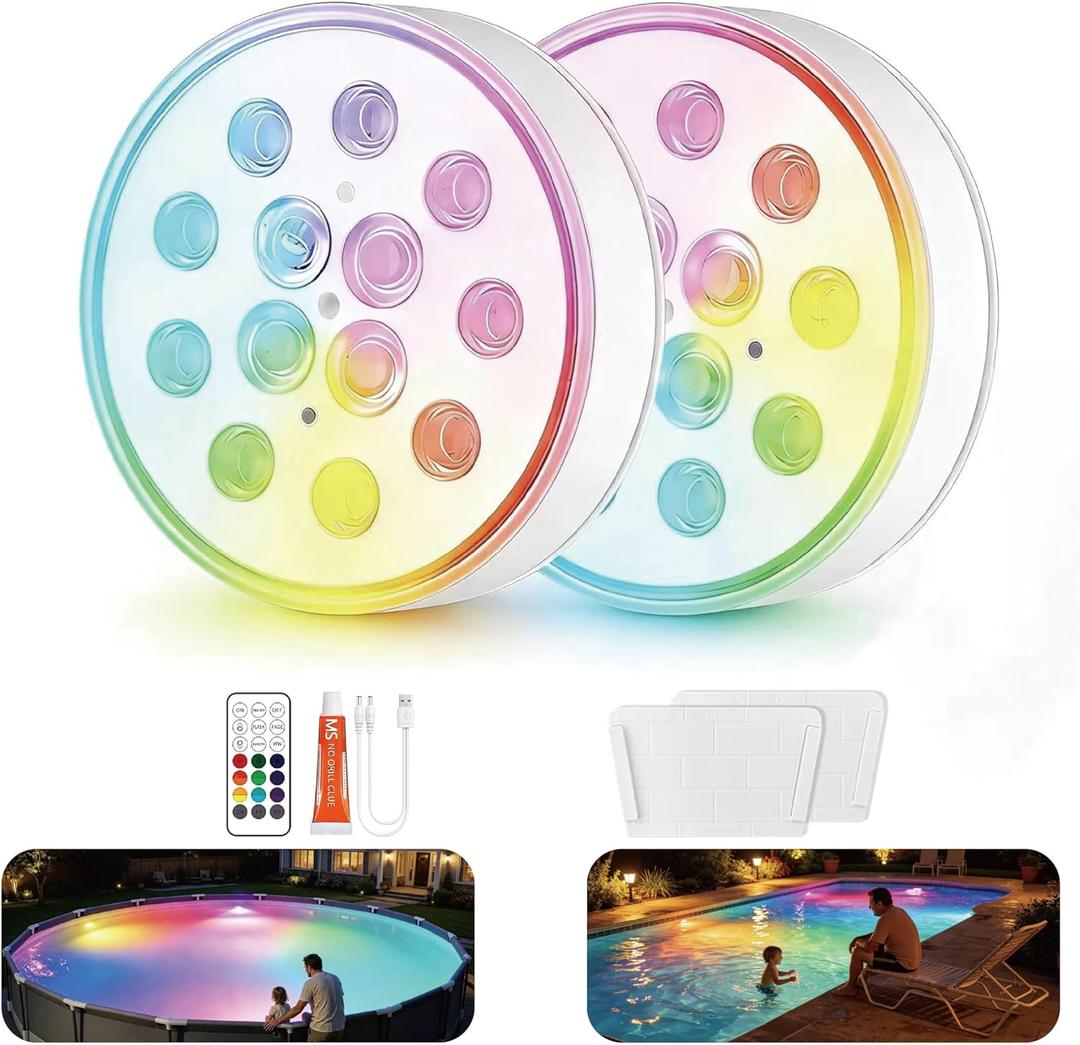 Upgraded Magnetic Pool Lights for Above ground and inground pool, Rechargeable Underwater RGB 16 Colors Submersible LED Lights with Remote & Timer Off, for Hot Tubs, Fountains, Party, Vase - 2 Pack