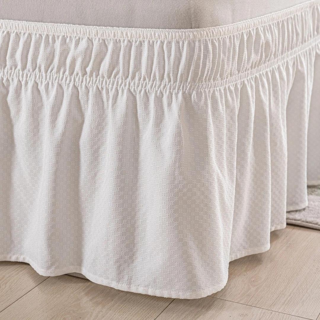 Wrap Around Bed Skirt - Ivory Queen Size Bed Skirt with 15 Inch Drop, Adjustable Elastic Dust Ruffles Easy Fit, Queen Bed Skirts with Jacquard Texture, Easy Install