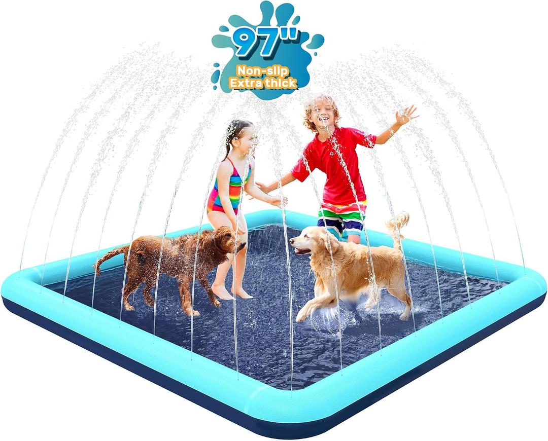 97'' Splash Pad for Dogs, Non-Slip Sprinkler for Kids, Square Splash Pad for Kids Ages 4-8, Splash Pads for Toddlers 1-3, Dog Sprinkler Shallow Pool, Outdoor Water Toys for Backyard, Teal, 97 inches diagonal