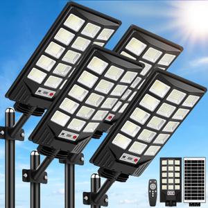 Solar Street Lights Outdoor Waterproof, 30000LM 6500K LED Motion Sensor Lights, Solar Flood Lights with Remote, Dusk to Dawn Solar-Powered Parking Lot Light, Commercial Area Lighting for Yard, 4-Pack