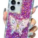 Cute Compatible with Samsung Galaxy S25 Ultra 6.8 inch Girly Case, Bling Glitter Diamond Butterfly Kickstand Case, Soft Silicone Cases for Women(Purple)