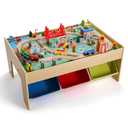 SainSmart Jr. Wooden Train Table – Kids Play Table with Built‑in Storage & Wooden Train Set | Toddler Activity Table Set for Ages 3+, Compatible with Major Wooden Train Brands