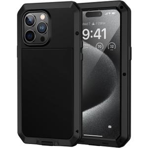 Lanhiem for iPhone 15 Pro Max Metal Case, Heavy Duty Shockproof Tough Rugged Case with Built-in Glass Screen Protector, 360 Full Body DustProof Protective Cover for iPhone 15 Pro Max 6.7", Black