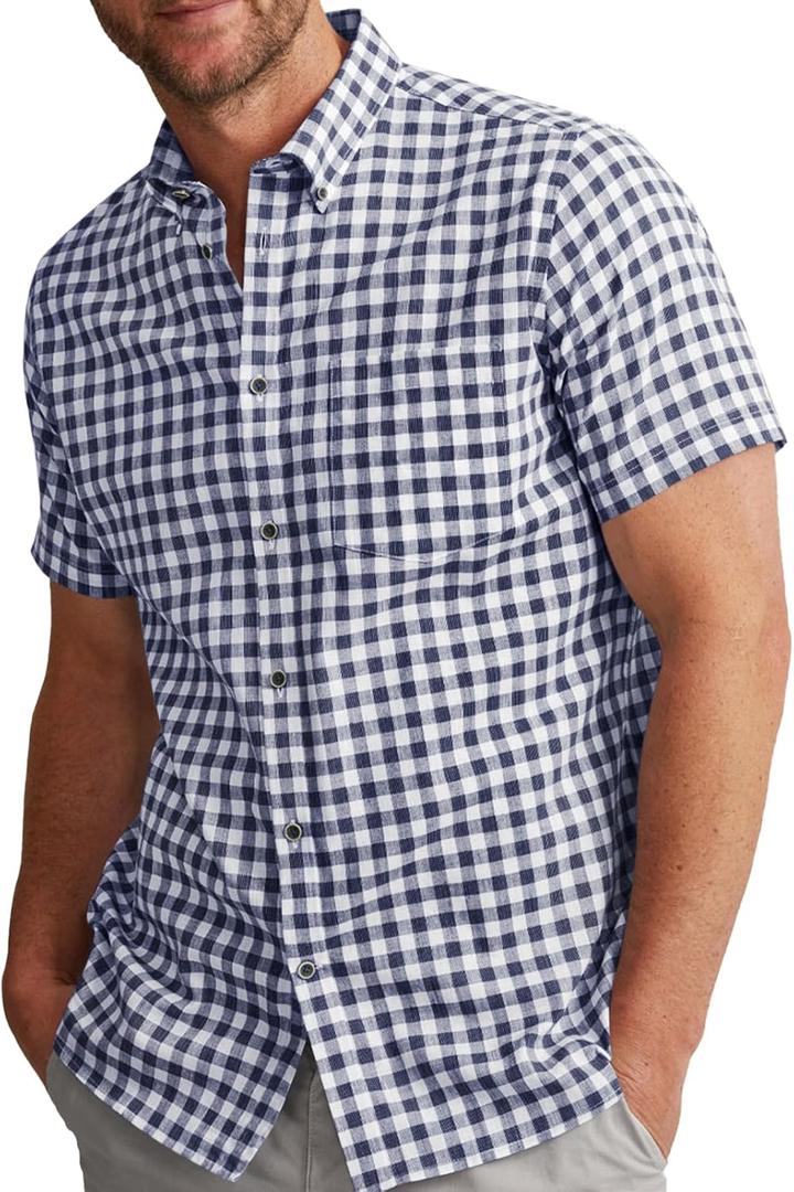 Runcati Mens Plaid Shirt Short Sleeve Button Down Linen Dress Shirt Wrinkle Free Casual Business Summer Work Shirts