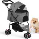 Pet Stroller, Dog Stroller for Small Medium Dogs Cats,3 Wheels, Foldable,with Breathable Mesh Canopy, Cup Holders, Easy Assembly, Grey (Dark Gray)